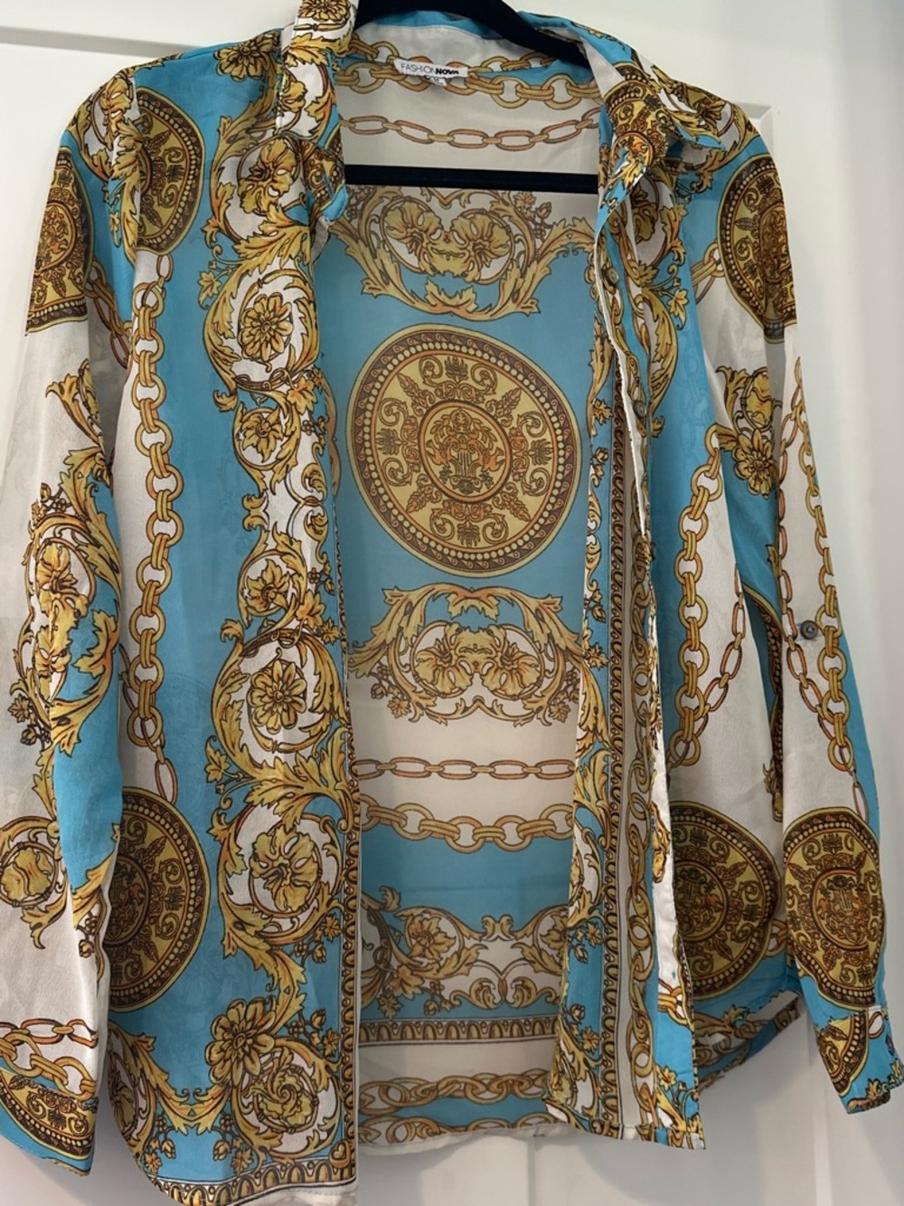 Fashion Nova Turquoise & Gold Chain-Print Shirt Jacket